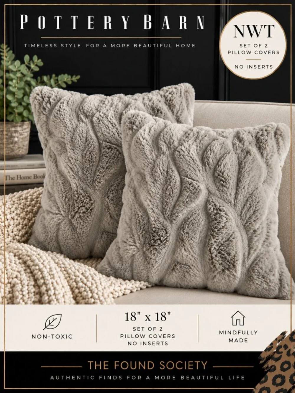 ottery Barn Faux Fur Ruched Pillow Covers 18x18 Gray NWT Set of 2